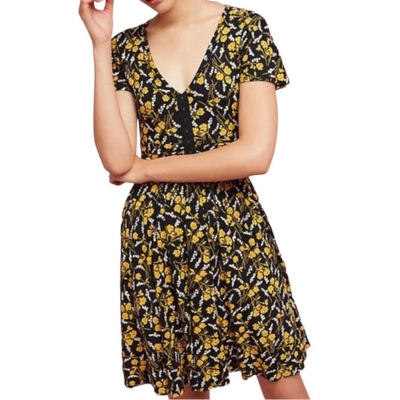 Mauve Dresses & Skirts - Anthropologie Maeve Summer Breeze Yellow on Black Floral Cinched Waist Dress